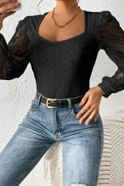 Online Dear-Lover Frenchy Contrast Lace Bishop Sleeve Bodysuit Black