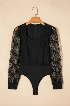 Online Dear-Lover Frenchy Contrast Lace Bishop Sleeve Bodysuit Black