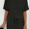 Hot Dear-Lover Frill Textured Short Sleeve Top and Drawstring Shorts Set Black