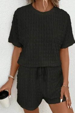 Hot Dear-Lover Frill Textured Short Sleeve Top and Drawstring Shorts Set Black