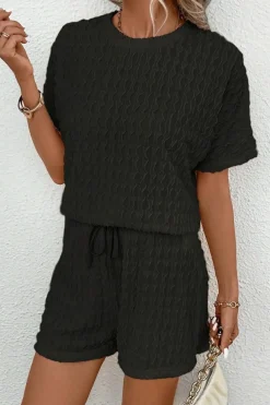 Hot Dear-Lover Frill Textured Short Sleeve Top and Drawstring Shorts Set Black