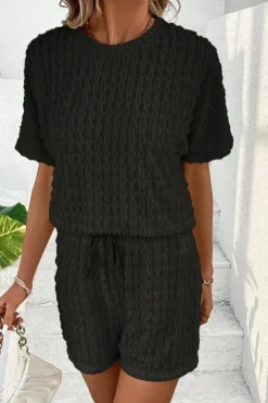 Hot Dear-Lover Frill Textured Short Sleeve Top and Drawstring Shorts Set Black