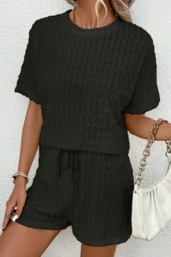 Hot Dear-Lover Frill Textured Short Sleeve Top and Drawstring Shorts Set Black