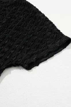 Hot Dear-Lover Frill Textured Short Sleeve Top and Drawstring Shorts Set Black