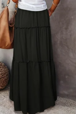 Clearance Dear-Lover Frill Tiered Drawstring Waist Maxi Skirt Black