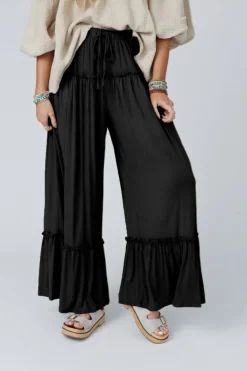 Fashion Dear-Lover Frilled Drawstring High Waist Wide Leg Pants Black