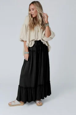 Fashion Dear-Lover Frilled Drawstring High Waist Wide Leg Pants Black