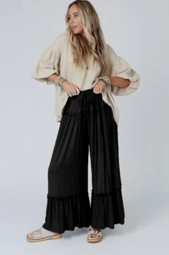 Fashion Dear-Lover Frilled Drawstring High Waist Wide Leg Pants Black