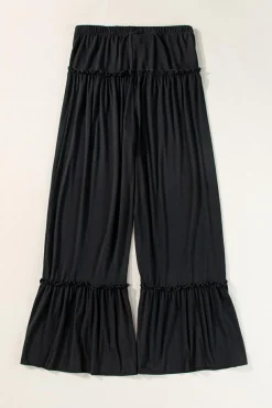 Fashion Dear-Lover Frilled Drawstring High Waist Wide Leg Pants Black