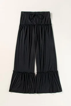 Fashion Dear-Lover Frilled Drawstring High Waist Wide Leg Pants Black