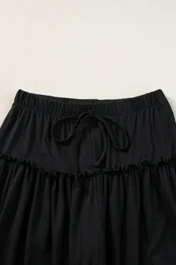 Fashion Dear-Lover Frilled Drawstring High Waist Wide Leg Pants Black