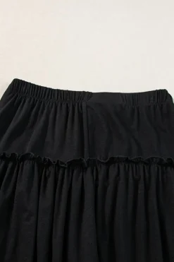 Fashion Dear-Lover Frilled Drawstring High Waist Wide Leg Pants Black