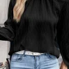 Online Dear-Lover Frilled Mock Neck Ripple Bubble Sleeve Blouse Black