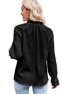 Online Dear-Lover Frilled Mock Neck Ripple Bubble Sleeve Blouse Black