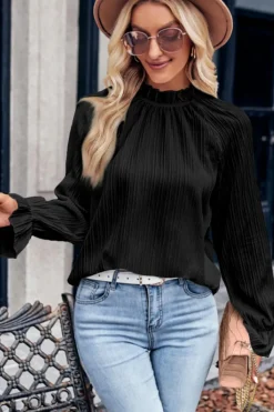 Online Dear-Lover Frilled Mock Neck Ripple Bubble Sleeve Blouse Black