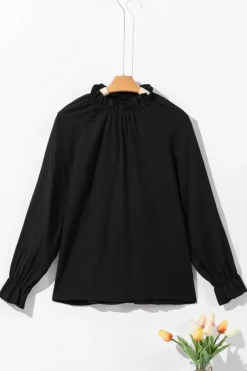 Online Dear-Lover Frilled Mock Neck Ripple Bubble Sleeve Blouse Black