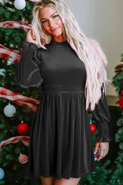 Sale Dear-Lover Frilled Neck Smocked Bodice Velvet Dress Black