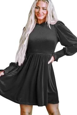Sale Dear-Lover Frilled Neck Smocked Bodice Velvet Dress Black