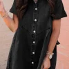 Online Dear-Lover Frilled Short Sleeve Button Up Loose Denim Shirt Dress Black