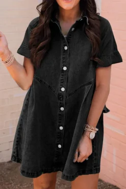 Online Dear-Lover Frilled Short Sleeve Button Up Loose Denim Shirt Dress Black
