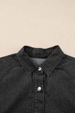 Online Dear-Lover Frilled Short Sleeve Button Up Loose Denim Shirt Dress Black
