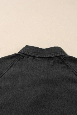 Online Dear-Lover Frilled Short Sleeve Button Up Loose Denim Shirt Dress Black