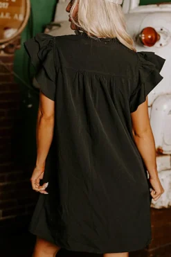 Clearance Dear-Lover Frilled V Neck Pleated Ruffle Detail Short Shift Dress Black