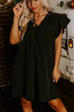 Clearance Dear-Lover Frilled V Neck Pleated Ruffle Detail Short Shift Dress Black