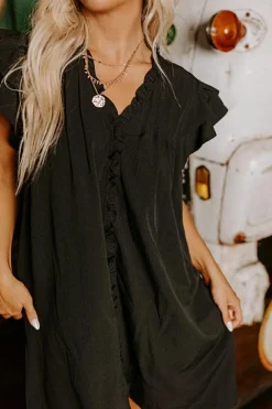 Clearance Dear-Lover Frilled V Neck Pleated Ruffle Detail Short Shift Dress Black