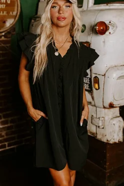 Clearance Dear-Lover Frilled V Neck Pleated Ruffle Detail Short Shift Dress Black