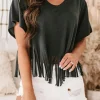 New Dear-Lover Fringe Hem V Neck T Shirt Black