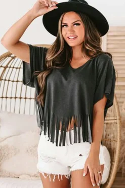 New Dear-Lover Fringe Hem V Neck T Shirt Black