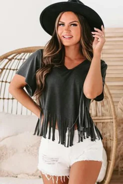 New Dear-Lover Fringe Hem V Neck T Shirt Black
