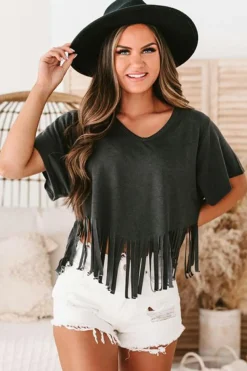 New Dear-Lover Fringe Hem V Neck T Shirt Black