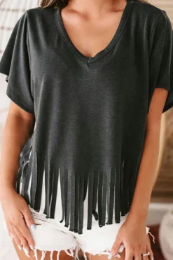 New Dear-Lover Fringe Hem V Neck T Shirt Black