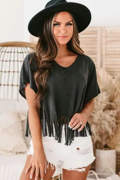 New Dear-Lover Fringe Hem V Neck T Shirt Black