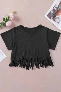 New Dear-Lover Fringe Hem V Neck T Shirt Black