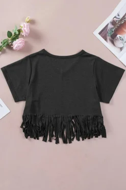 New Dear-Lover Fringe Hem V Neck T Shirt Black