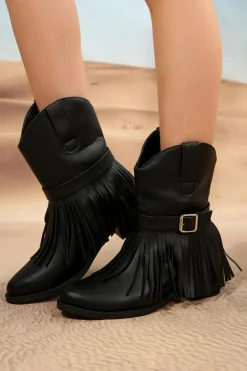 Best Dear-Lover Fringed Wide Calf Faux Leather Western Boots Black