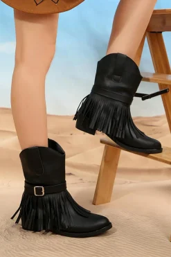 Best Dear-Lover Fringed Wide Calf Faux Leather Western Boots Black