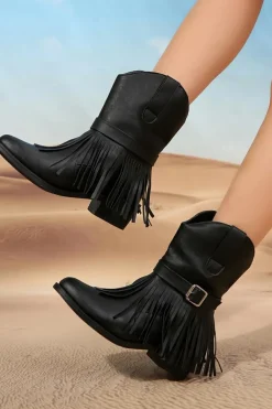 Best Dear-Lover Fringed Wide Calf Faux Leather Western Boots Black