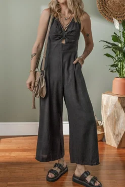 Hot Dear-Lover Front Cut Out Smocked Back Sleeveless Wide Leg Jumpsuit Black