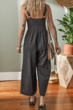Hot Dear-Lover Front Cut Out Smocked Back Sleeveless Wide Leg Jumpsuit Black