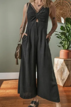 Hot Dear-Lover Front Cut Out Smocked Back Sleeveless Wide Leg Jumpsuit Black