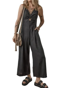Hot Dear-Lover Front Cut Out Smocked Back Sleeveless Wide Leg Jumpsuit Black