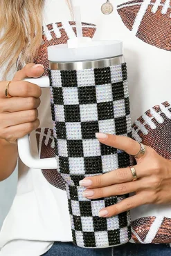 Fashion Dear-Lover Full Rhinestone Checkerboard Handled Tumbler 40oz Black