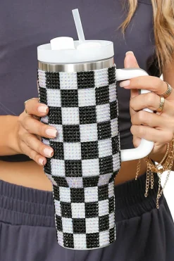 Fashion Dear-Lover Full Rhinestone Checkerboard Handled Tumbler 40oz Black