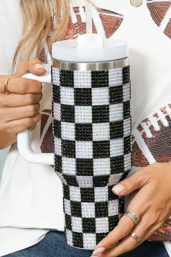 Fashion Dear-Lover Full Rhinestone Checkerboard Handled Tumbler 40oz Black
