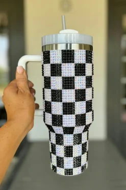 Fashion Dear-Lover Full Rhinestone Checkerboard Handled Tumbler 40oz Black