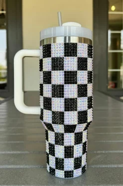 Fashion Dear-Lover Full Rhinestone Checkerboard Handled Tumbler 40oz Black